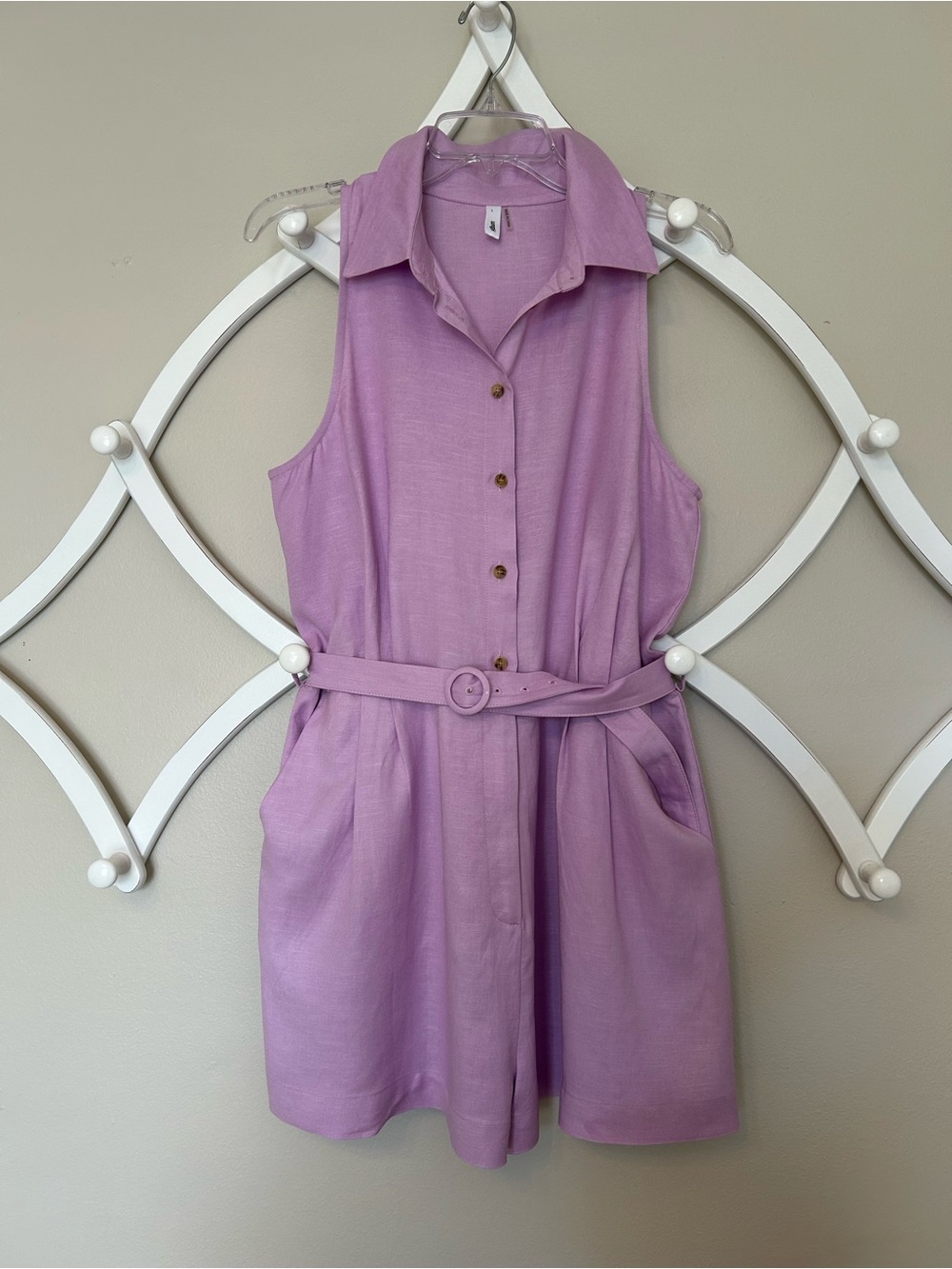 glam Lavender LSU Game Day Sleeveless Belted Romper with Pockets